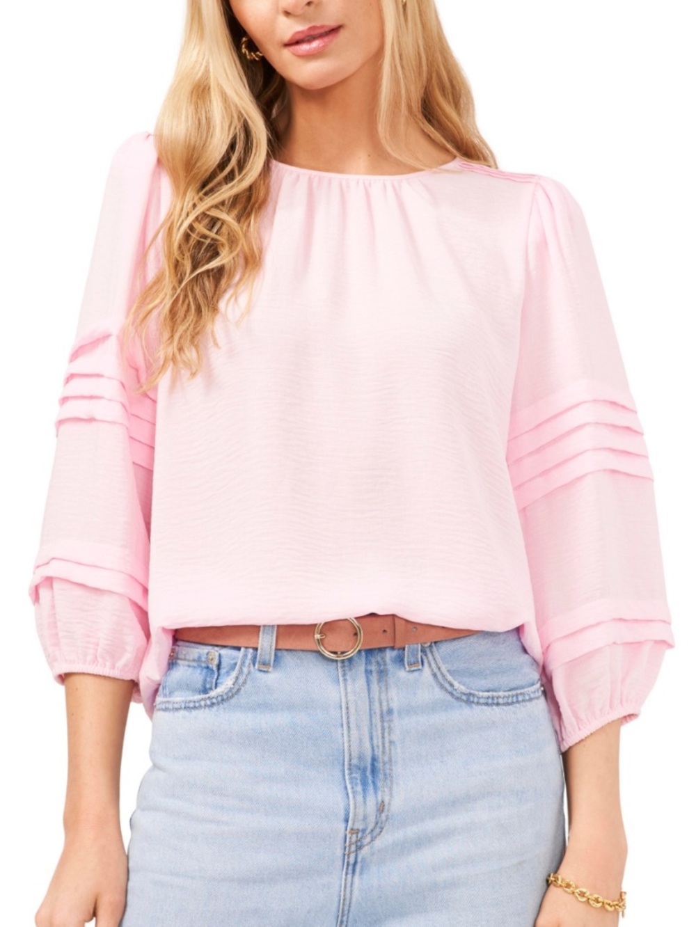 Women’s Vince Camuto Light Pink 3/4 Sleeve Pleated Blouse, Crinkle Top, Size L